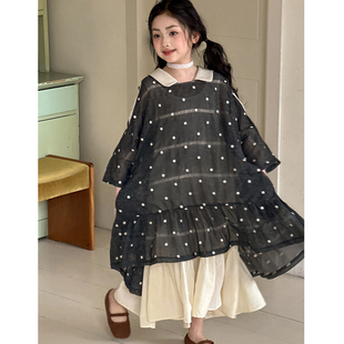 公主裙女孩裙子 重工七分袖 女童棉麻刺绣连衣裙2026新款 女大童春季