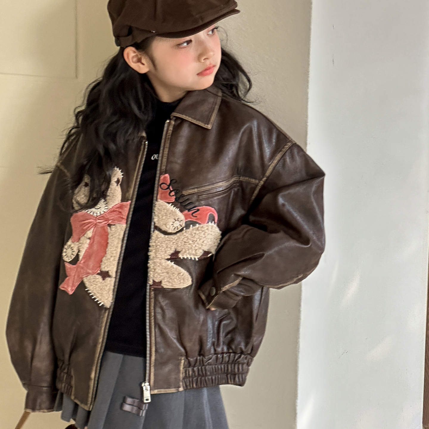 女童皮衣外套2025秋冬新款女大童卡通PU皮衣冬季儿童夹棉保暖上衣