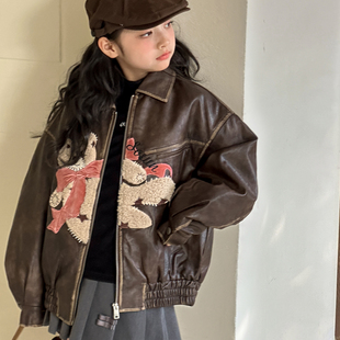 女童皮衣外套2026秋冬新款 儿童夹棉保暖上衣 女大童卡通PU皮衣冬季