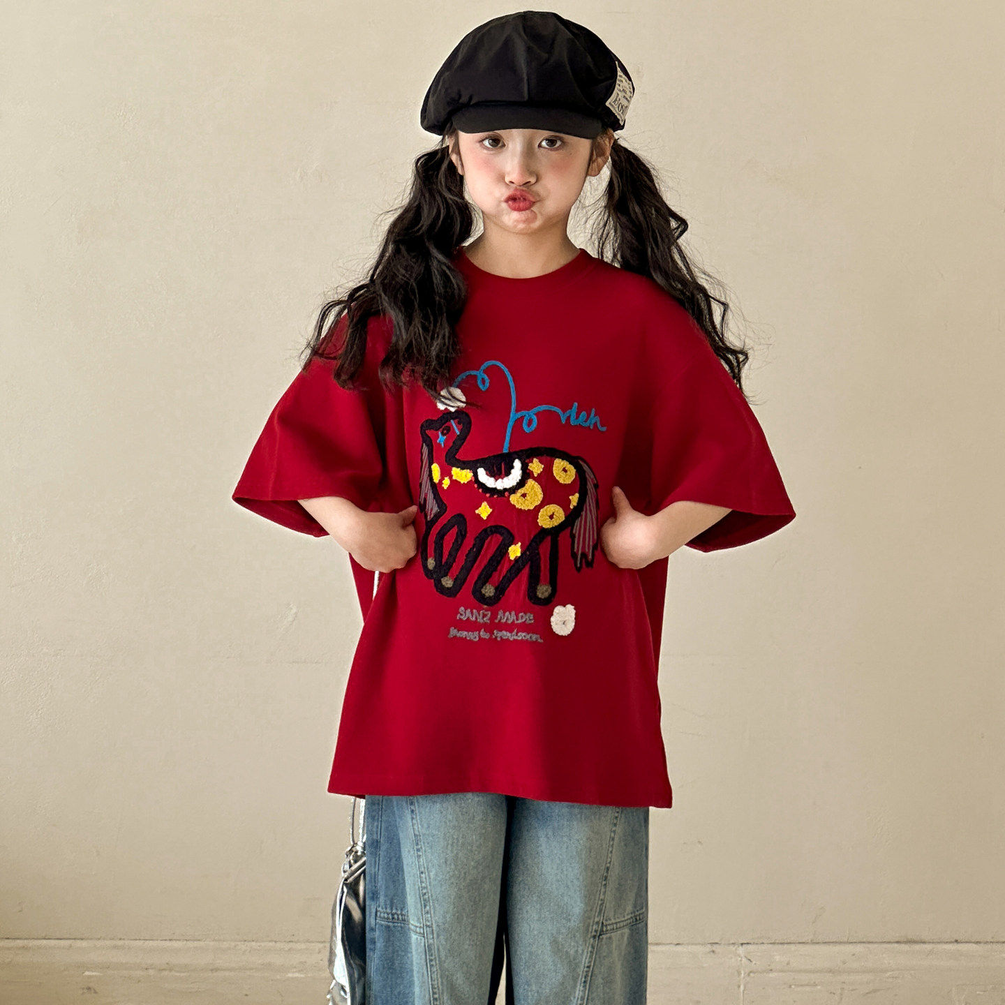 女童短袖T恤2026新款女大童红色五分袖套头上衣初中生半袖打底衫