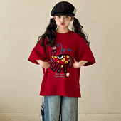 T恤2026新款 女大童红色五分袖 套头上衣初中生半袖 女童短袖 打底衫