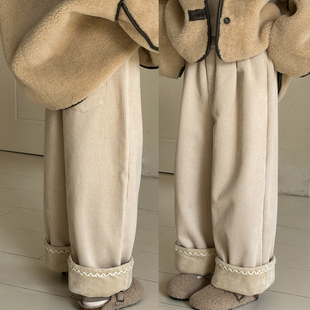 女童加绒裤子秋冬款2026新款儿童一体绒休闲裤女大童灯芯绒直筒裤