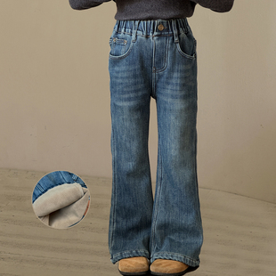 女童加绒裤子女大童秋冬款一体绒直筒微喇叭裤冬装洋气儿童牛仔裤