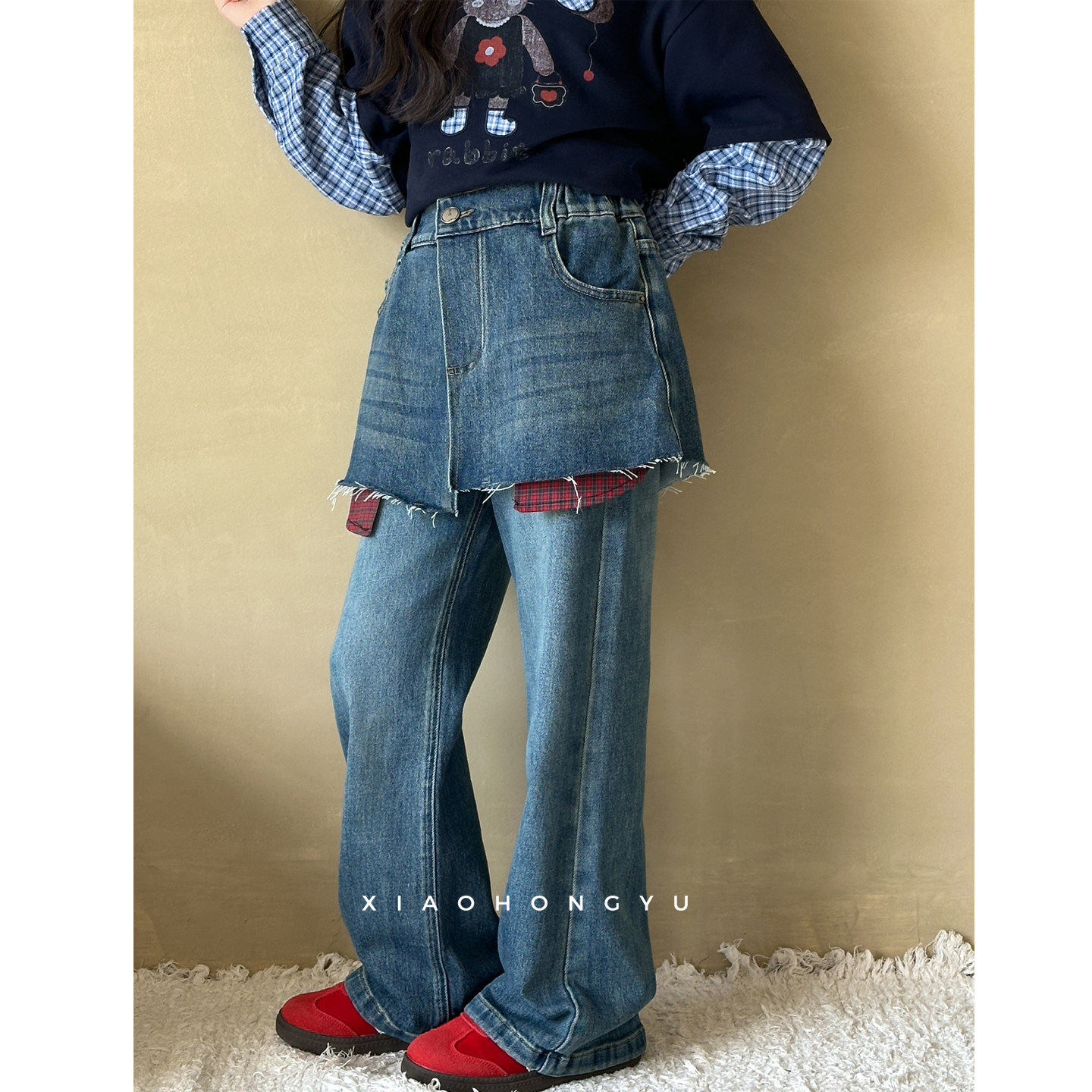 女童牛仔裤秋装2026新款儿童秋季可拆卸屁帘直筒裤大童洋气休闲裤图片