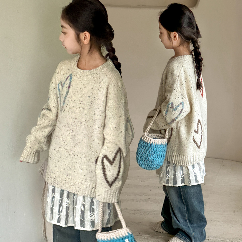 女童毛衣2026秋冬季新款儿童韩系彩色爱心雪花女大童甜美宽松上衣