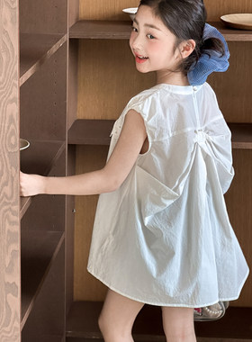 女童无袖娃娃衫夏装2026超火女大童夏季白色衬衫初中生超漂亮衬衣