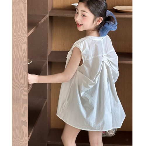 女童无袖娃娃衫夏装2026超火女大童夏季白色衬衫初中生超漂亮衬衣