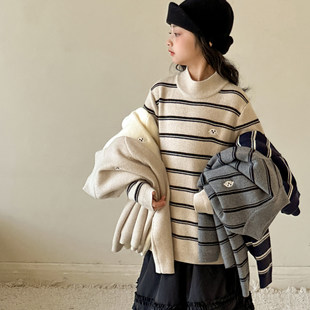 女童毛衣秋冬装2026新款儿童条纹上衣初中生女孩一体绒内搭套头衫