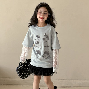 女童长袖T恤2026春装新款儿童洋气假两件体恤衫女大童超好看上衣