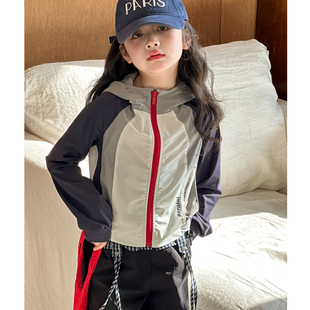 女童外套春秋款2026新款女大童拼色速干运动上衣小女孩初中生春装