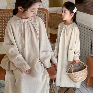 外套中大童气质韩版 女童针织套装 春装 洋气开衫 高级感背心裙两件套
