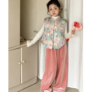 拜年服女童套装2026冬季新款儿童唐装国风新中式夹棉马甲新年衣服