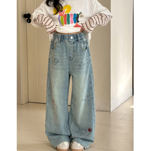女童裤子春秋款2026新款儿童宽松直筒裤女大童春秋烫钻阔腿牛仔裤