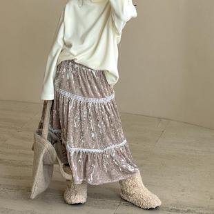 女童半身裙秋冬儿童丝绒长裙洋气女孩休闲加绒中大童荷叶边伞裙子