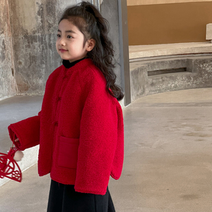 女童外套秋冬款2026新款儿童加绒国潮新年红毛毛衣女大童过年衣服