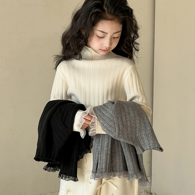 女童毛衣冬季蕾丝拼接针织衫加厚2025新款大童打底衫儿童保暖上衣