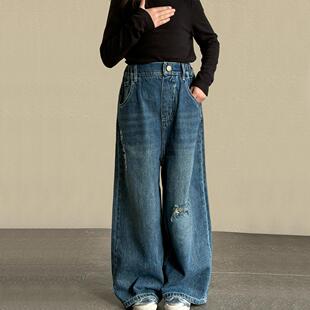 女童破洞牛仔裤春秋季2026新款儿童秋装休闲裤韩版女大童直筒长裤