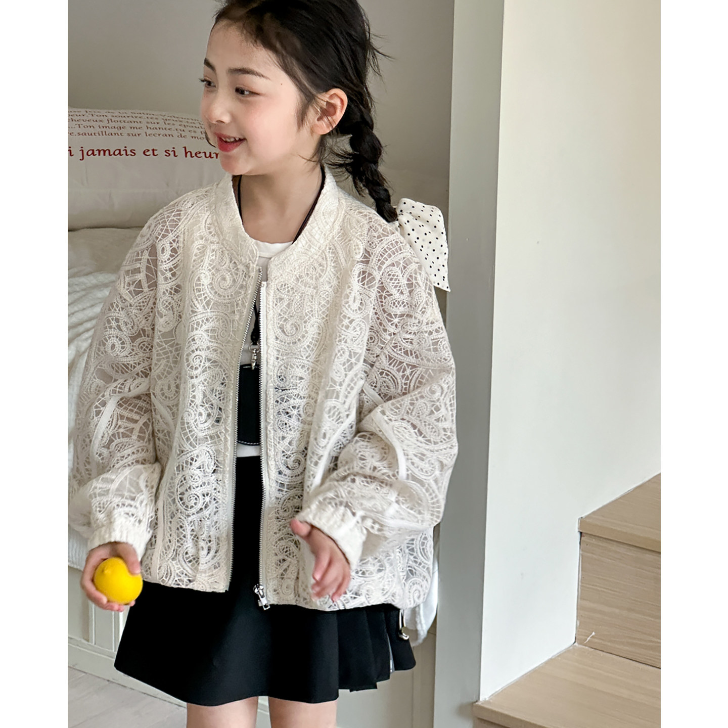 女童外套儿童上衣夏装2026新款女孩休闲时髦大童白色蕾丝镂空长袖
