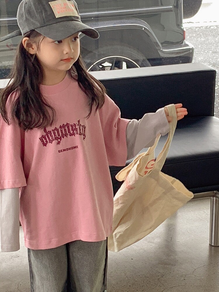 여자 긴팔 티셔츠 2025 새로운 아동 티셔츠 가짜 투피스 바닥 셔츠 큰 아동용 탑 한국 아동 의류 가을 의류