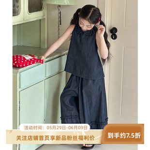 女童牛仔套装夏装2026新款儿童夏季无袖上衣女大童纯色休闲两件套