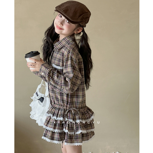 女童长袖连衣裙秋装2026新款女大童秋季格子衬衫裙儿童巨好看裙子