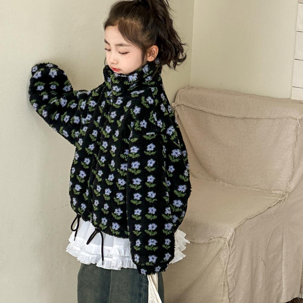 女童外套2025秋冬新款洋气儿童毛毛衣保暖花色衣服中大童加厚上衣