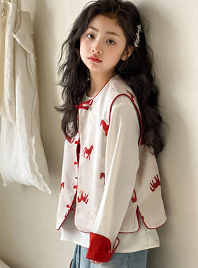 女童套装春装2026新款初中生超好看两面穿背心马甲女大童长袖T恤