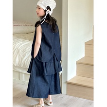 女童套装夏装2025新款韩版儿童夏季阔腿裤中大童设计感牛仔两件套