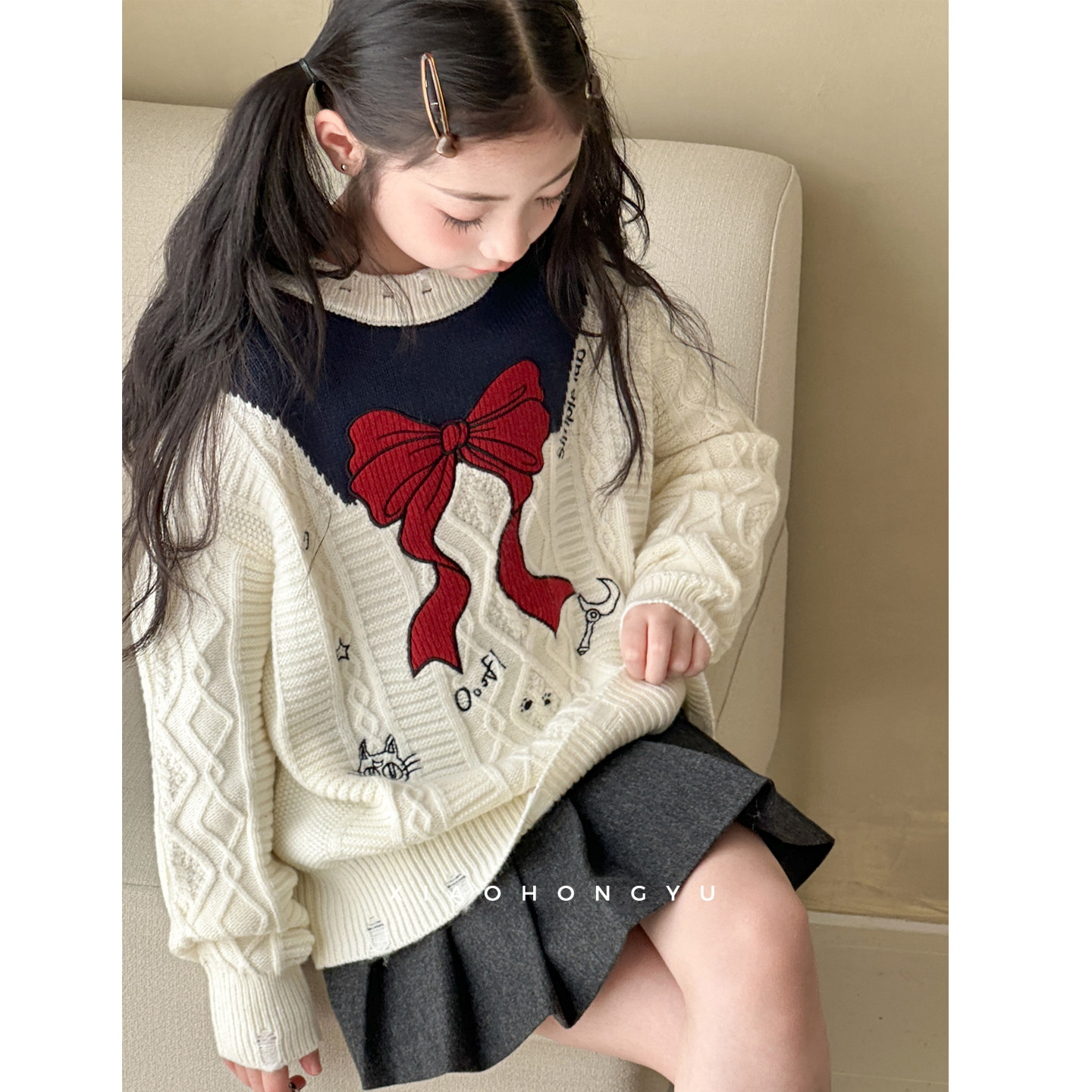 小红鱼女大童毛衣秋冬款大童女装巨好看蝴蝶结上衣儿童冬装套头衫