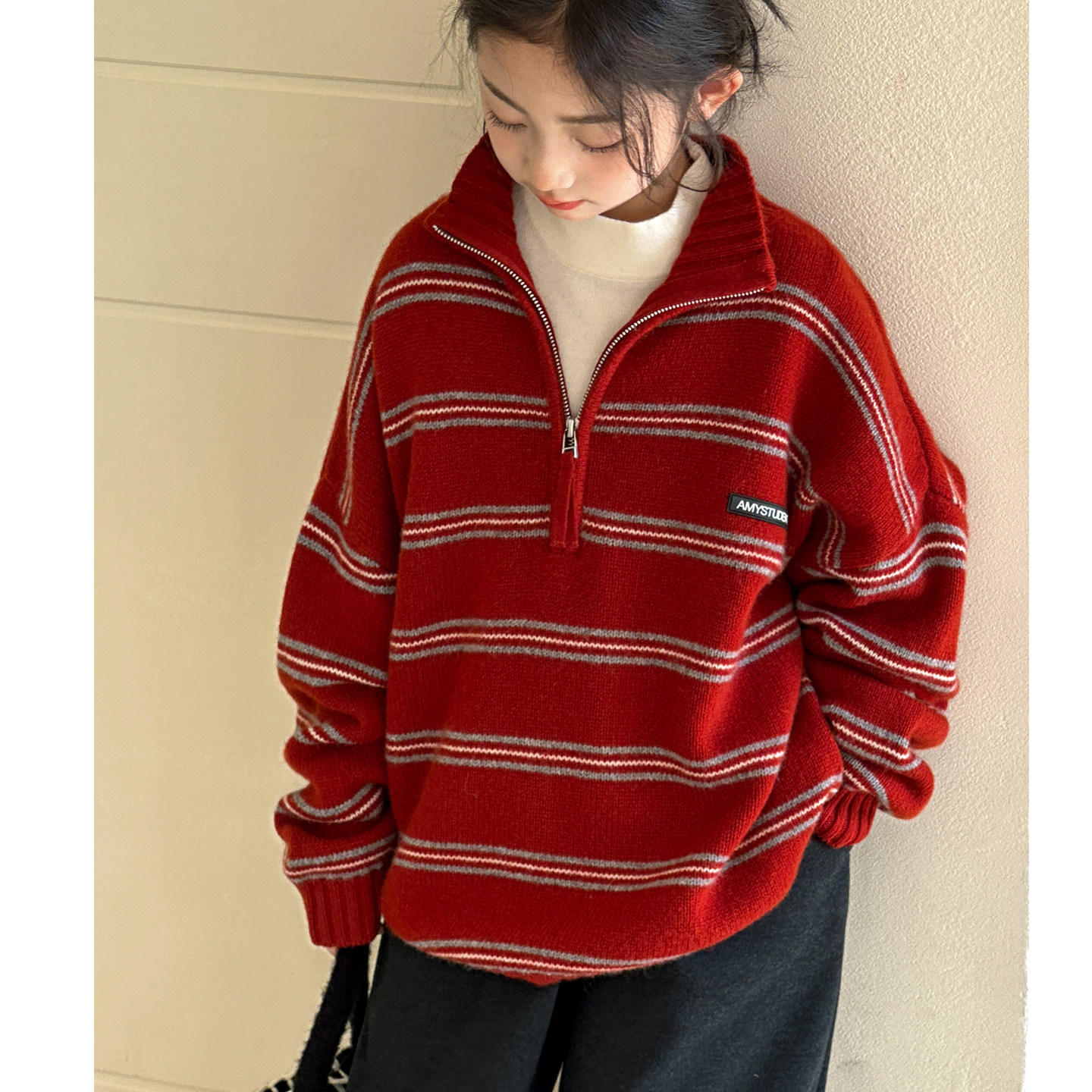 女童红色毛衣半拉链儿童条纹毛线衣冬装2026新款女大童加厚针织衫,童装/婴儿装/亲子装,毛衣/针织衫,淘宝优惠券,粉丝福利购,淘宝优惠卷
