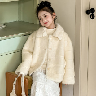 女童新年外套2026冬季新款大童高级感衣服儿童翻领纯色仿皮草上衣