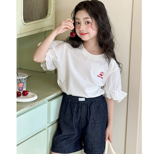 女大童泡泡袖T恤夏装2026超火韩国童装女童夏季短袖小女孩五分袖