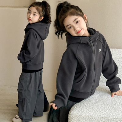 女童双面绒卫衣外套连帽大童上衣