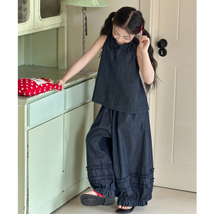 女童牛仔套装夏装2026新款儿童夏季无袖上衣女大童纯色休闲两件套