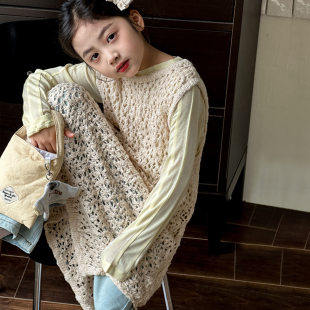 女童套装春装2026新款儿童无袖镂空针织连衣裙女大童打底衫两件套