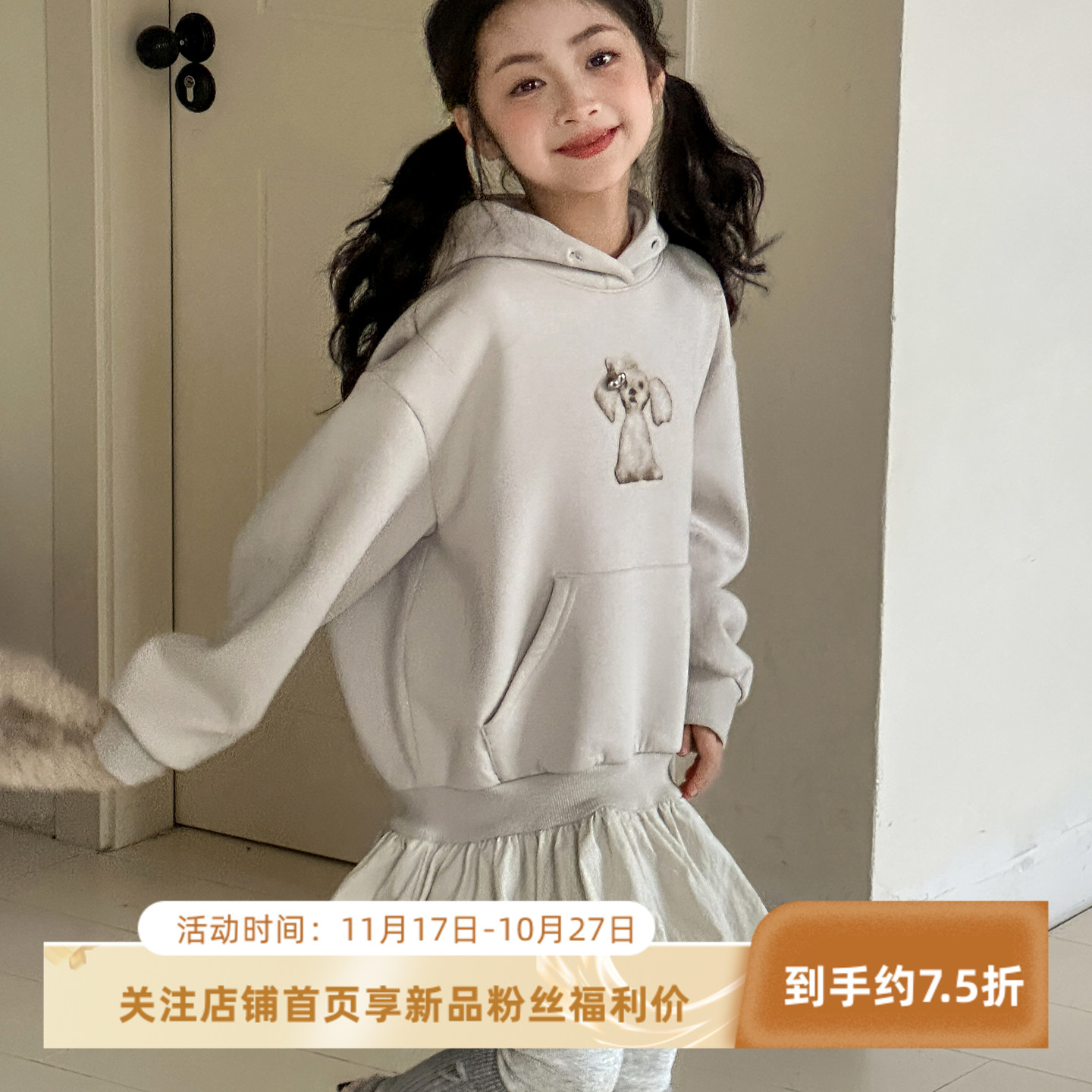 女童加绒连衣裙2025秋冬新款儿童连帽公主裙女大童加厚拼接卫衣裙