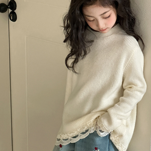 女童毛衣秋冬装2026新款初中生儿童蕾丝拼接女大童加厚上衣打底衫