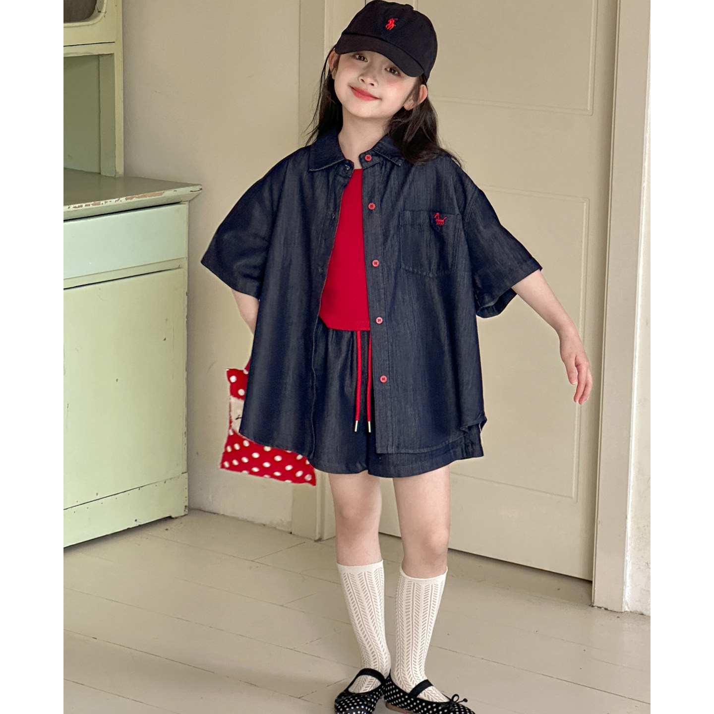 女童牛仔套装夏装2026新款青少年纯色上衣女大童装夏季短袖两件套
