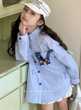 女童长袖衬衫秋装2026新款初中生秋季翻领衬衣女大童装巨好看上衣