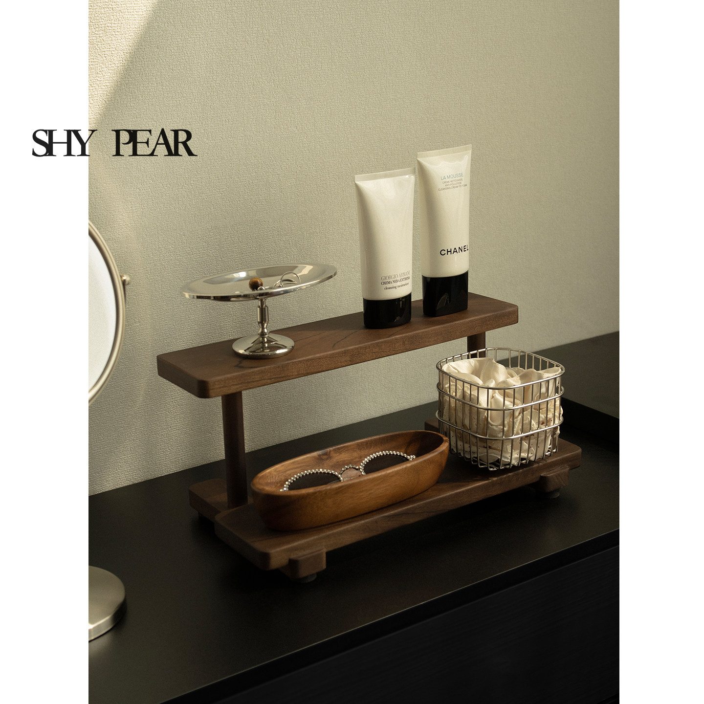 shy pear羞梨 收纳架 实木双层桌面梳妆台展示架化妆品置物架