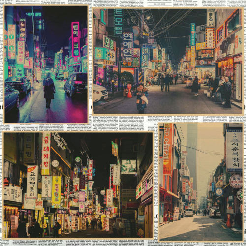 韩国街景复古牛皮纸餐厅海报
