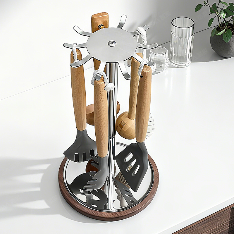 胡桃木厨房旋转锅铲置物架304不锈钢勺子铲子挂钩架厨具收纳架子