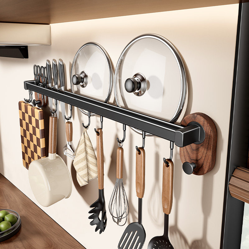 胡桃木厨房壁挂置物架多功能挂钩刀架锅盖架铲勺收纳架免打孔挂架