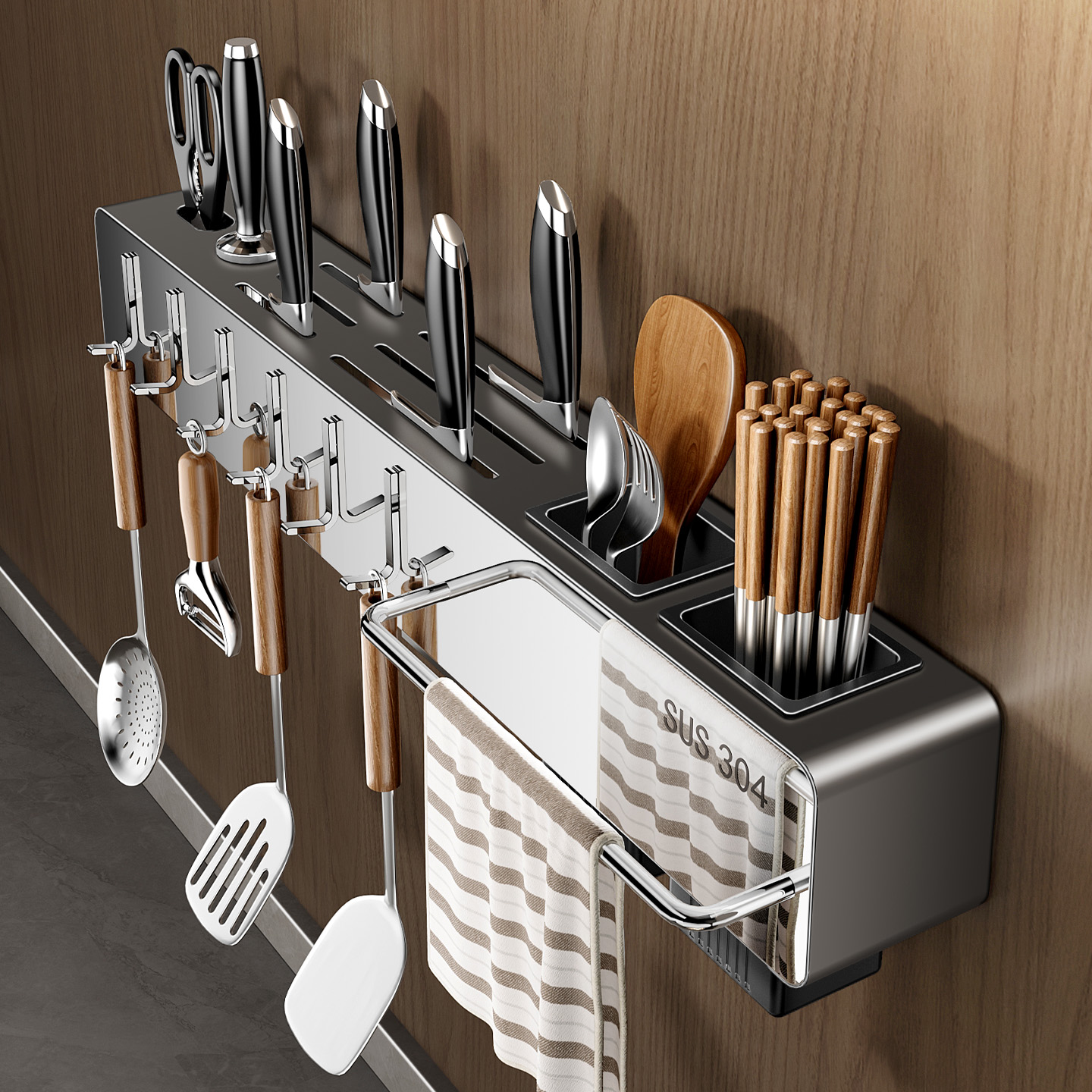 厨房置物架不锈钢刀架厨房置物架多功能壁挂式筷子筒菜刀具收纳架