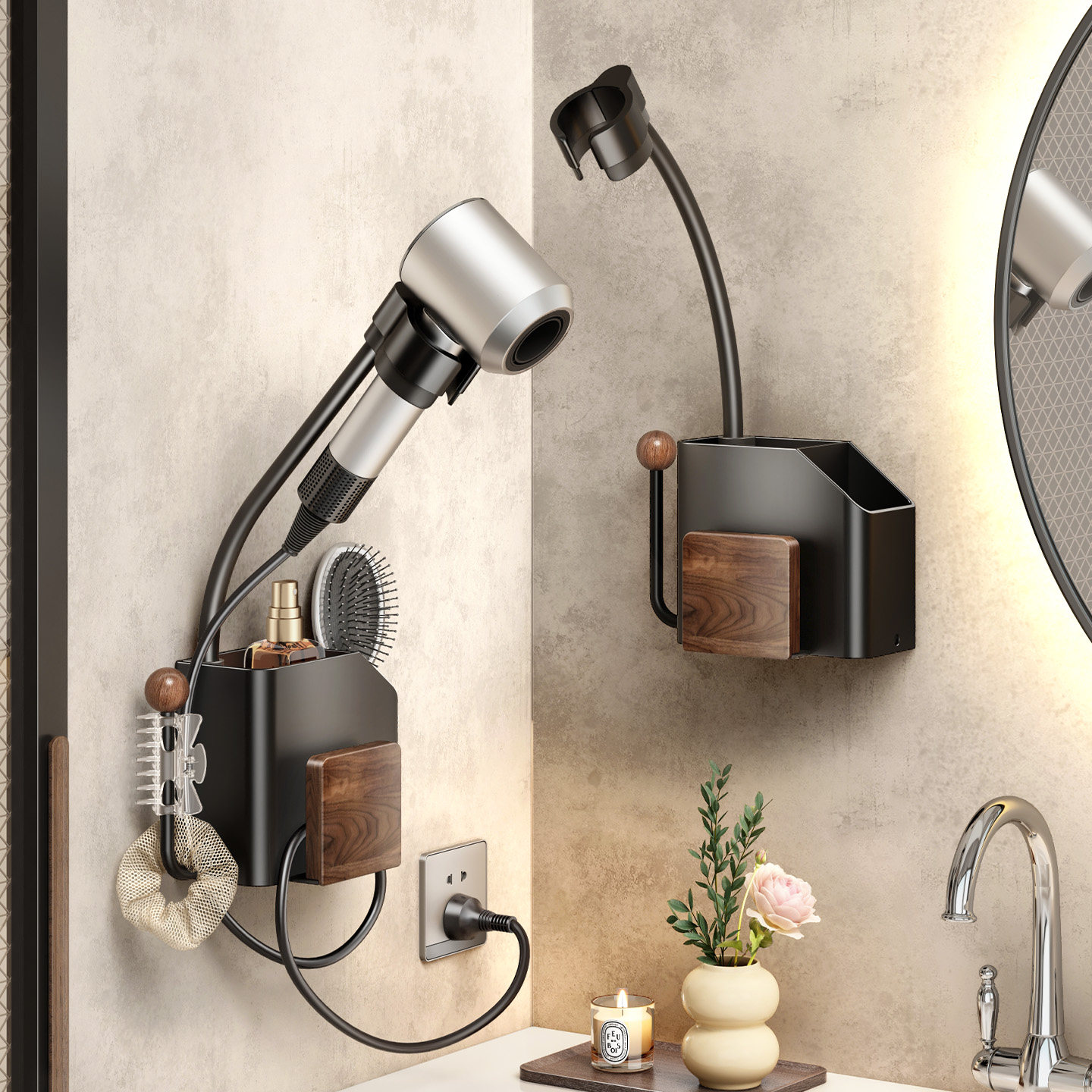 慕家胡桃木壁挂式吹风机置物架收纳架免打孔浴室卫生间吹风机支架,家庭/个人清洁工具,吹风机置物架,淘宝优惠券,粉丝福利购,淘宝优惠卷