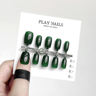 穿戴甲 夏日纯色绝美显肤色单色暗祖绿建构超短梯美甲 三分钟美甲