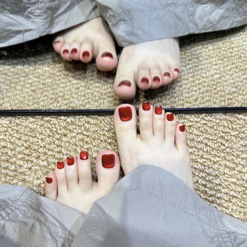 辣椒红色猫眼脚指甲穿戴贴片 追光显白夏天爆闪美甲ins网红车厘子