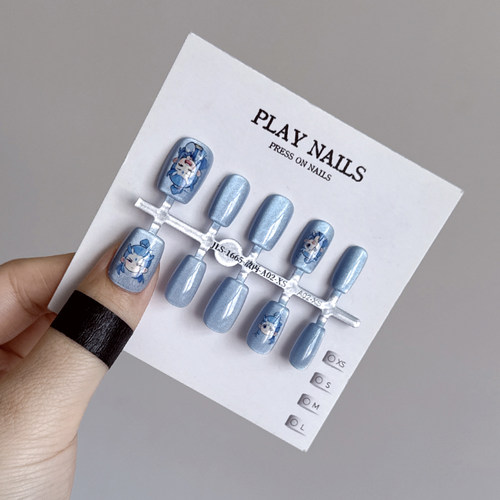 穿戴甲超短梯美甲光疗甲短梯小短甲 卡通手绘Q版敖丙浅蓝夏天猫眼