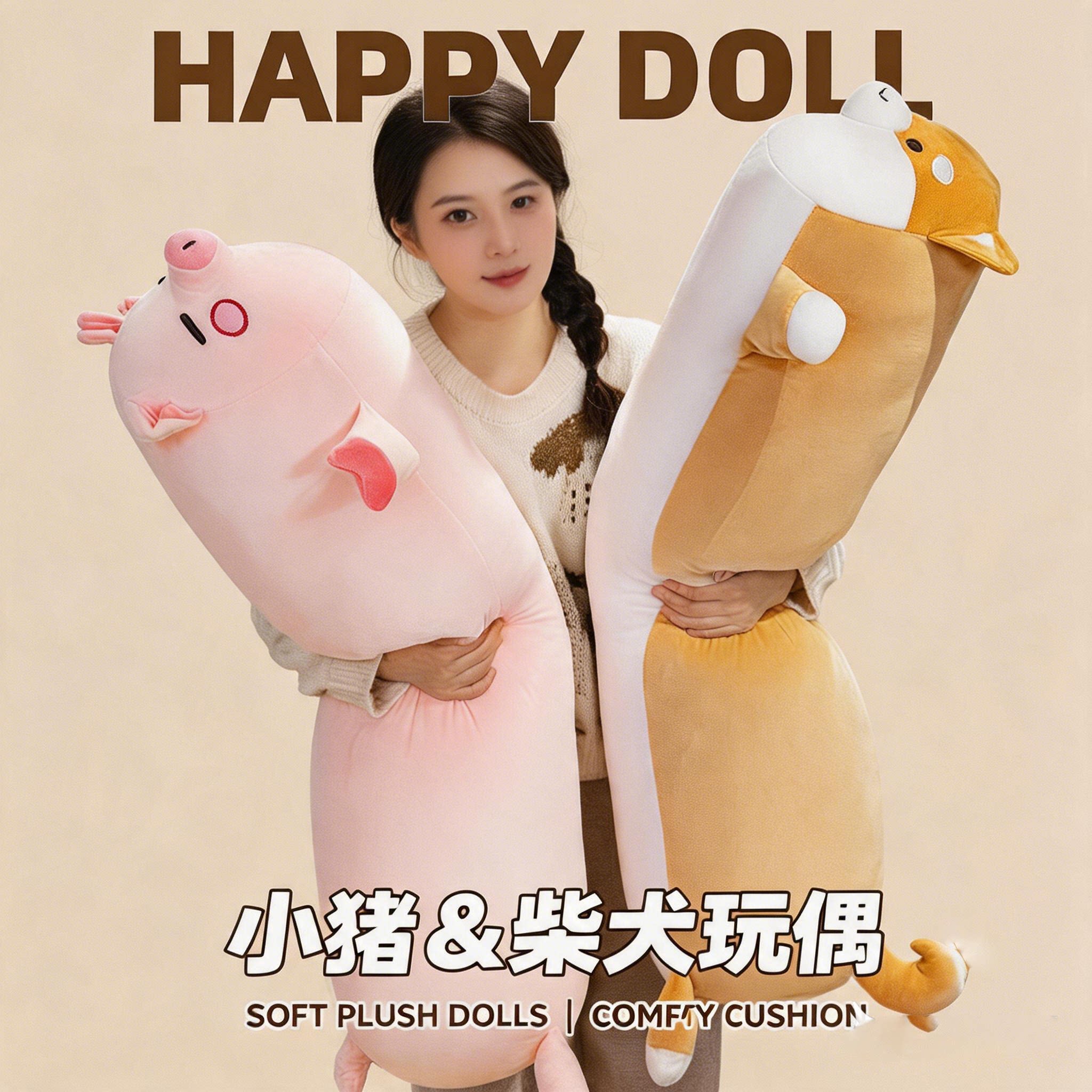 长条夹腿抱枕柴犬小猪软陪睡玩偶图片