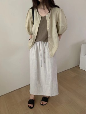 韩国代购夏季气质文艺单排扣圆领泡泡袖杏黄色棉麻衬衫